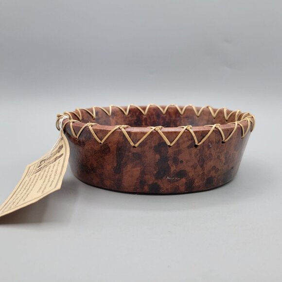 Balinesian Handcrafted Terra Cotta Decorative Bowl Rattan Rim Floral Etched - Picture 2 of 7